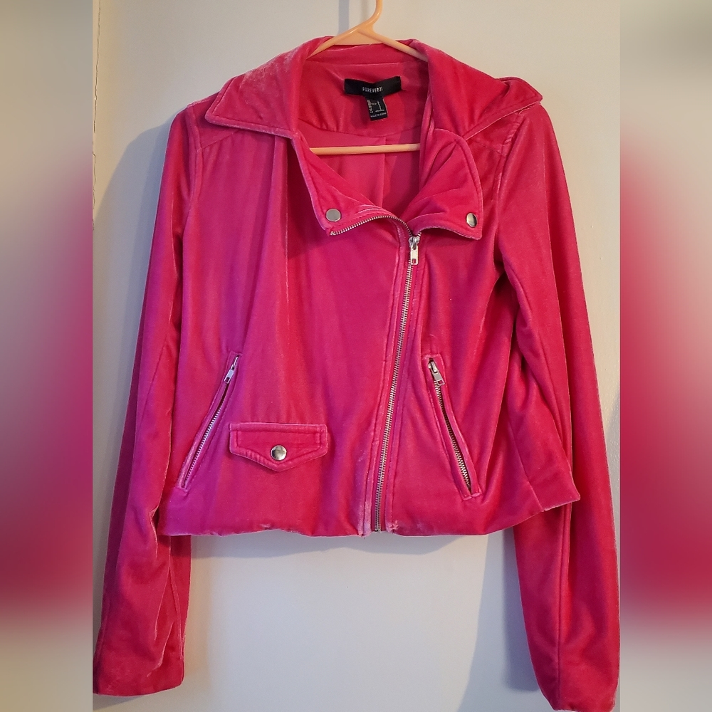 Forever 21 velvet moto jacket bright pink
